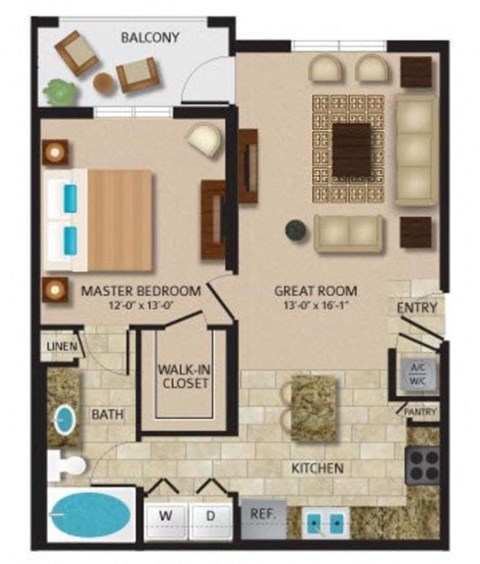 Floor plan for 1 bed, 1 bath, 847 sqft